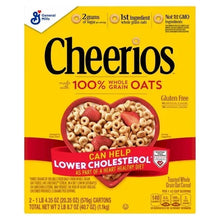 Cheerios cereal box front, yellow 100% whole grain oats with gluten free badge and heart