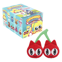 Red twin-figure character plush with white cartoon eyes and green arms