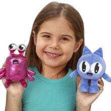 Blue character plush with starry eye face and pink robot plush, held by a child