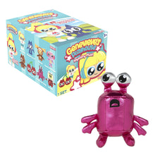 Pink robot character plush with black oval eyes and small silver top fin