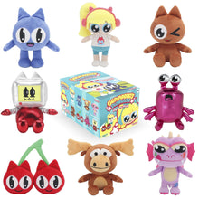 Assorted Genevieve's Mystery Plush figures: blue, yellow, orange, red, pink, and brown