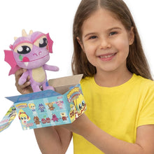 Purple character plush toy with starry eye mask and striped belly, held by a child
