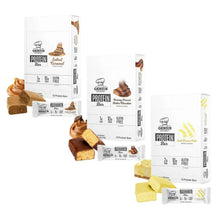 Protein bar variety pack boxes with salted caramel, peanut, and vanilla bars