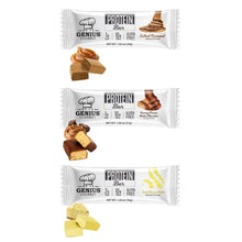 Protein bar foil wrappers with salted caramel, brownie peanut, and sweet vanilla