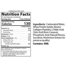Nutrition facts label for sparkling protein drink: 1 serving, 130 calories