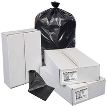Black 60-gallon recycled can liner beside its cartons and a loose liner