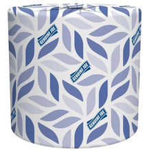 White bath tissue roll with blue leaf-pattern wrap and Genuine Joe labels