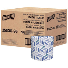 Genuine Joe 2-ply embossed white bath tissue carton with 96 rolls