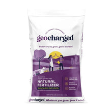 Organic multi-purpose fertilizer bag with purple geocharged branding and front label