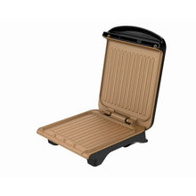 George Foreman indoor grill with lid open and ridged beige non-stick plates