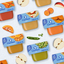 Assorted Gerber banana puree 2 oz tubs with blue labels