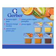 Gerber baby food variety pack tubs showing multiple fruit puree flavors