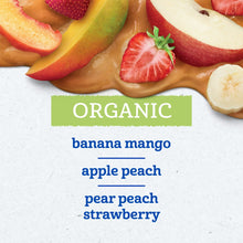 Organic baby food pouch flavors: banana mango, apple peach, pear peach, strawberry