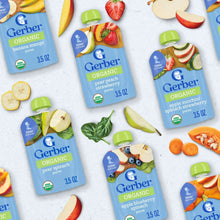 Assorted Gerber Organic baby food pouches with green caps and fruit-and-veg blend labels