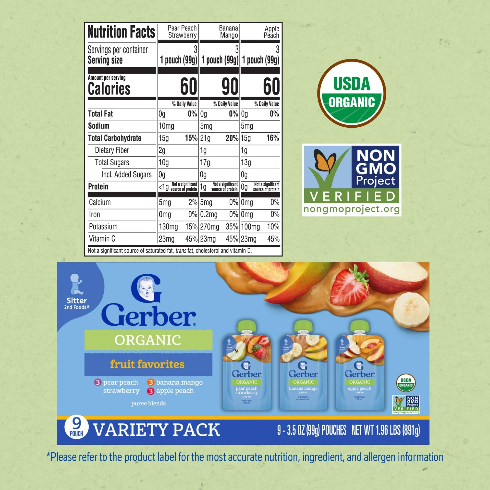 Gerber 2nd Foods Organic Baby Food Variety Pack, Fruit and Veggie Favorites, 3.5 oz Pouches (9 Pack)