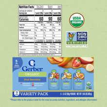 Back of Gerber Organic baby food pouch pack with nutrition facts and USDA organic badge