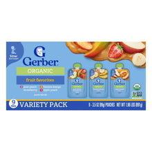 Gerber Organic fruit favorites variety pack, 9 pouches, front package with fruit images