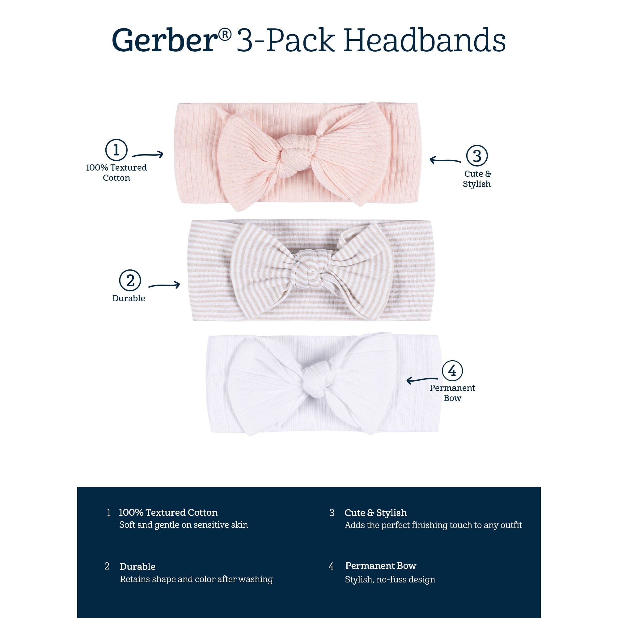 Gerber Baby Girl Soft and Stretchy Headband, 3-pack, One Size