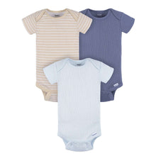 3-pack baby short-sleeve onesies: beige stripe, blue solid, and white solid bodysuits