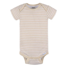 Beige striped short-sleeve baby onesie with lap shoulder neckline and snap-bottom closure