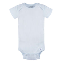 Light blue short-sleeve baby onesie with crew neck and snap-bottom closure