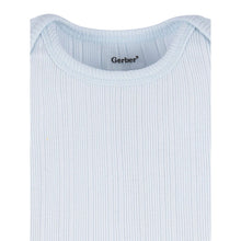 Light blue short-sleeve baby onesie neckline with ribbed fabric and Gerber tag