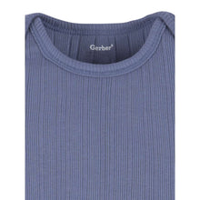 Blue short-sleeve baby onesie neckline with Gerber tag and ribbed fabric