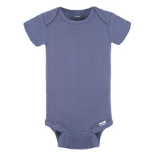 Blue textured short-sleeve baby onesie with crew neck and snap-bottom closure