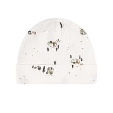 Ivory preemie beanie hat with animal print and ribbed fold-over brim