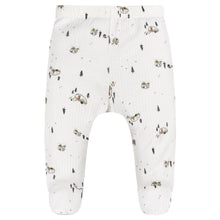 Ivory preemie footed pants with elastic waist and scattered animal print