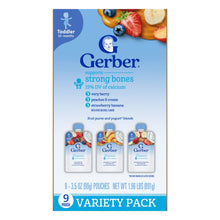Gerber toddler fruit & yogurt variety pack box front with three pouch designs