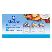 Gerber toddler fruit & yogurt variety pack pouch display: very berry, peaches & cream, strawberry banana