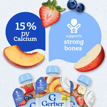 Gerber toddler fruit & yogurt variety pack graphic showing 15% DV calcium for strong bones