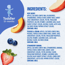 Gerber toddler fruit & yogurt ingredients list for very berry, peaches & cream, strawberry banana