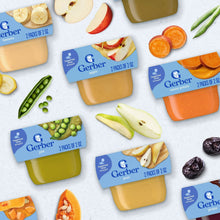 Variety pack of 2 oz baby food puree tubs for carrot, green bean, and sweet potato