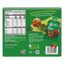 Back panel of organic baby food pouch variety pack with nutrition facts and directions