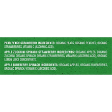 Back panel of organic baby food pouch variety pack listing ingredients for three flavors