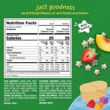 Nutrition facts panel for cereal puffs, peach and strawberry serving table
