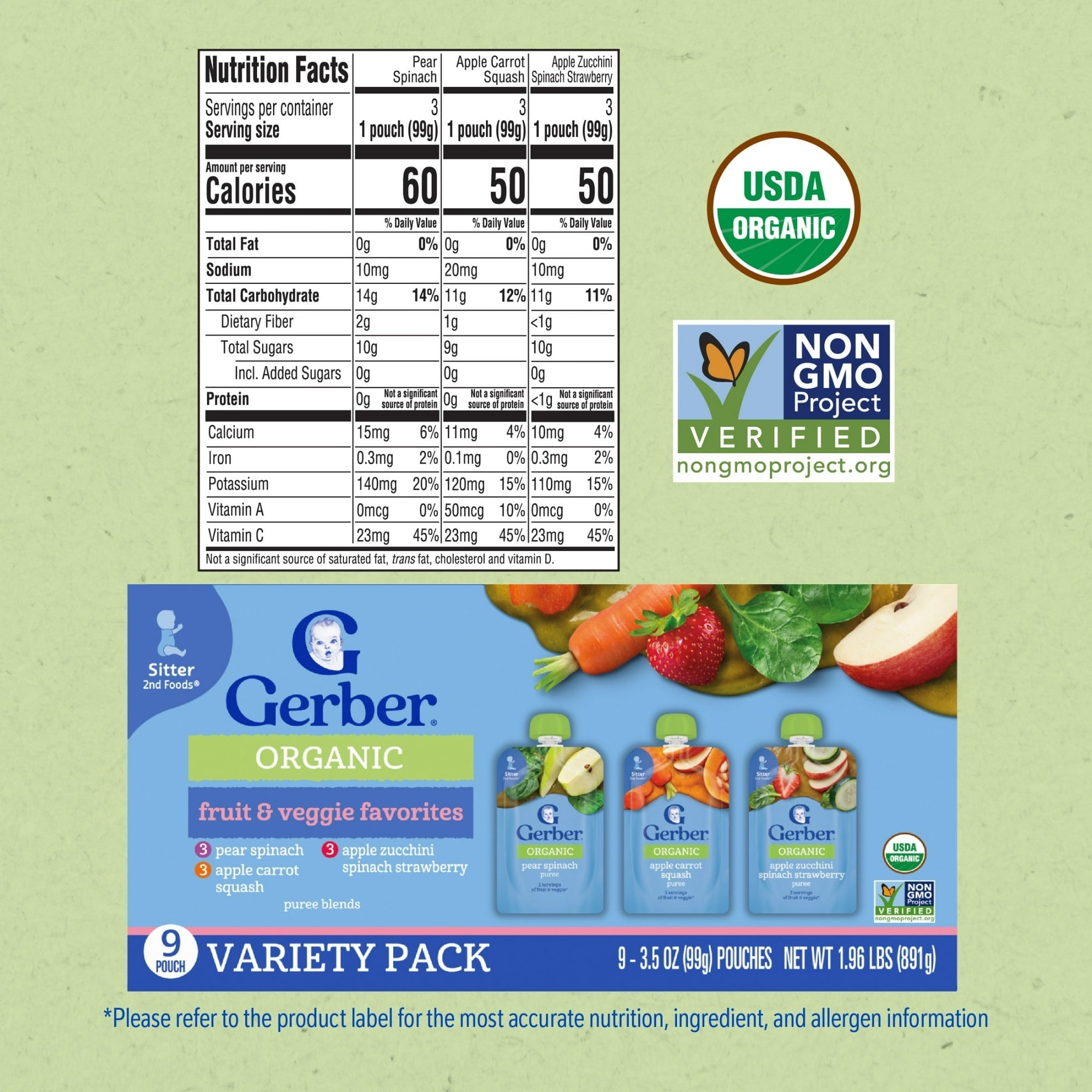 Gerber Organic Stage 2 Baby Food Puree, Variety Pack, Fruit & Veggies, 3.5 oz Pouches (9 Pack)