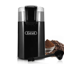 Black electric coffee grinder with transparent lid and Gevi logo front