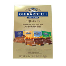 Assorted chocolate squares bag with Ghirardelli logo and assortment of square chocolates.