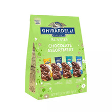 Chocolate bunny assortment bag back panel with flavor boxes and ingredient callouts.