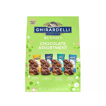 Chocolate bunny assortment bag, green, Ghirardelli branding and bunny illustrations.