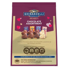 Chocolate hearts assortment package back with printed text, Ghirardelli logo and seals
