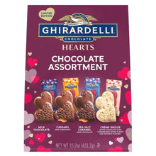 Chocolate hearts assortment box with Ghirardelli logo and heart design, assorted chocolates