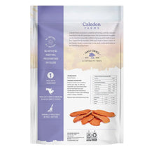 Caledon Farms sweet potato dog chew pouch back with ingredient panel and orange slices