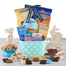 Chocolate and cookie gift basket with blue polka-dot tub and wrapped caramel chocolates