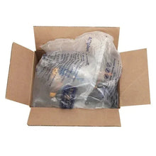 Cardboard shipping box with protective plastic wrap and bundled items inside