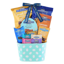 Chocolate gift basket in blue polka-dot tub with assorted wrapped chocolates