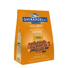 Ghirardelli milk chocolate caramel squares box showing front and side panel